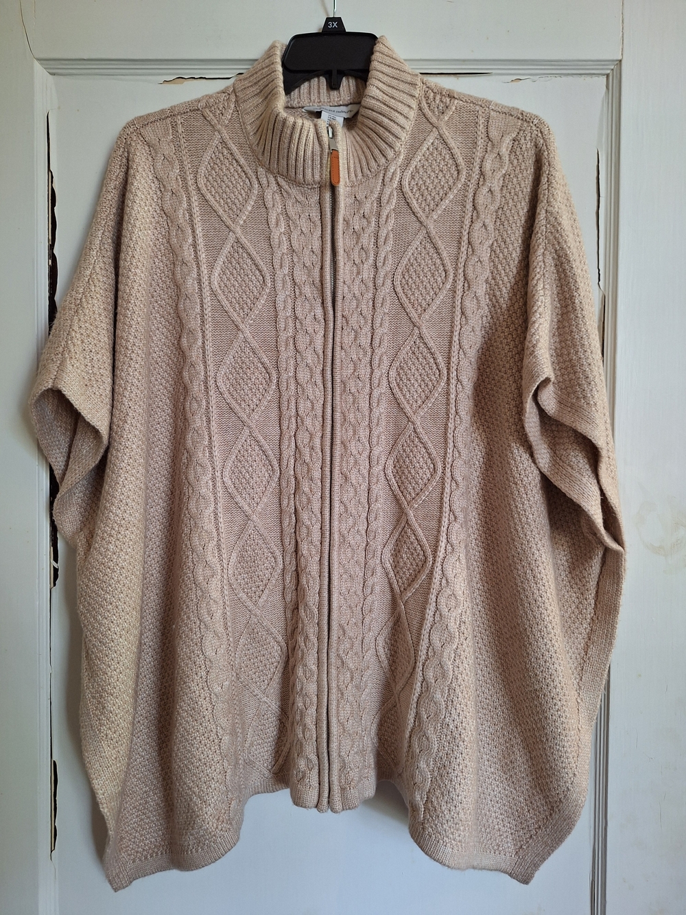 Cupcakes and Cashmere Cable Knit Full Zip Poncho Sweater Tan Oatmeal M/L